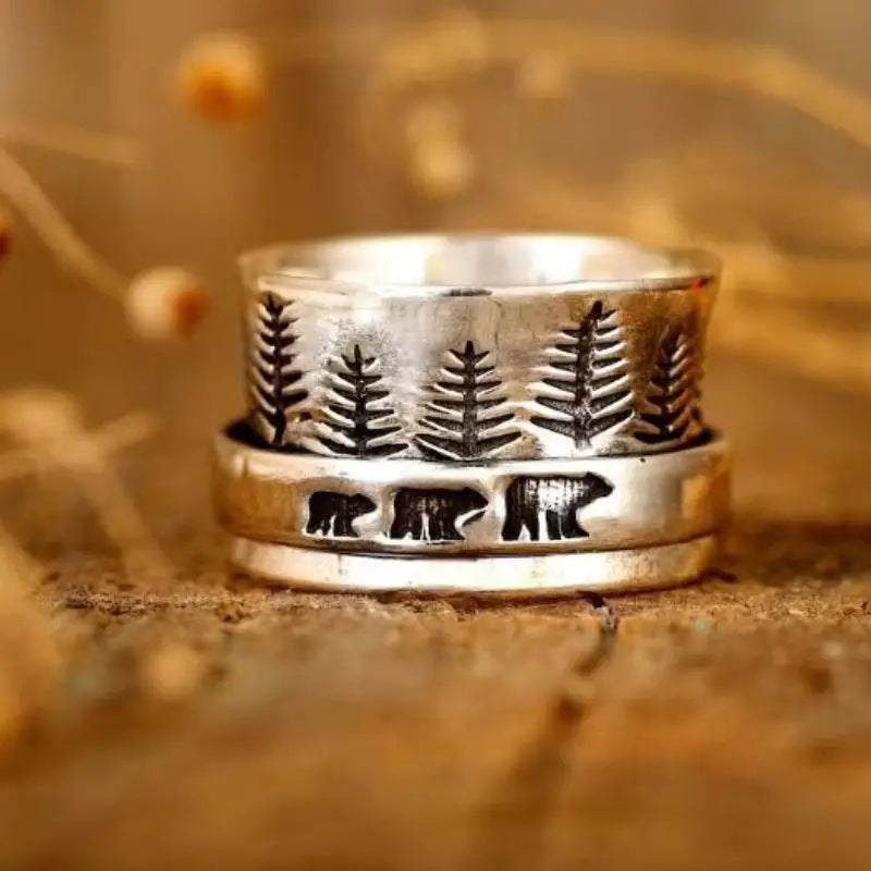 Fashion Silver Elephant And Forest Ring